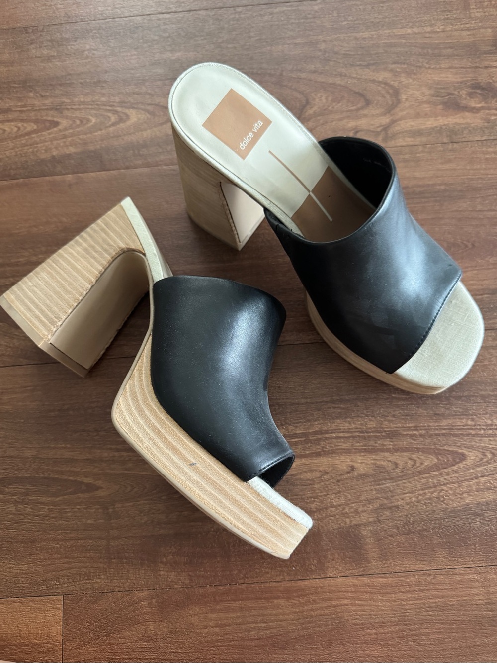 Dolce Vita Black Leather Platform Mule Clogs with Wood-Tone Heel